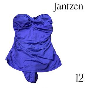 EUC Jantzen strapless Purple one piece Swimsuit ruched tummy ties in back 12